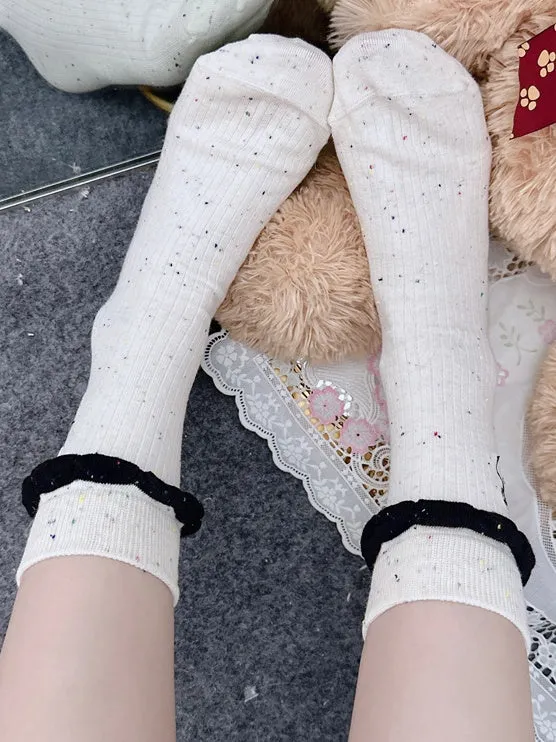 Black Cute Bowknot Embroidered Ruffled Cuff Calf Socks