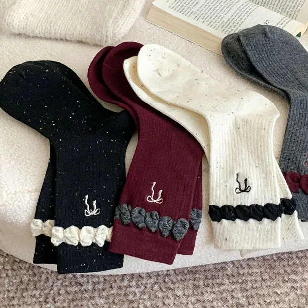 Black Cute Bowknot Embroidered Ruffled Cuff Calf Socks