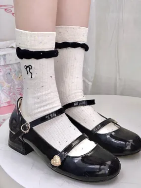 Black Cute Bowknot Embroidered Ruffled Cuff Calf Socks