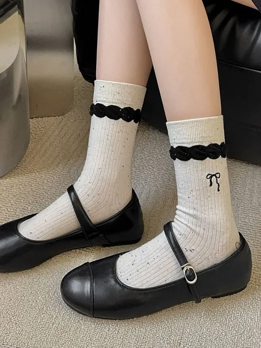 Black Cute Bowknot Embroidered Ruffled Cuff Calf Socks