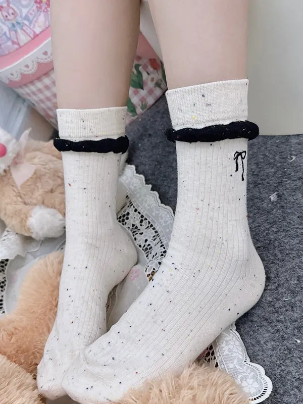 Black Cute Bowknot Embroidered Ruffled Cuff Calf Socks