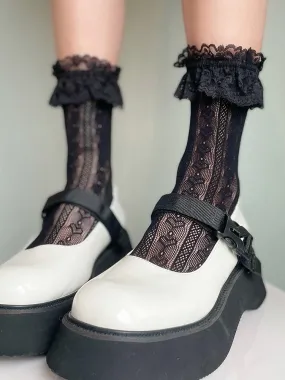 Black Heart Pattern Ruffled Lace Cuff Lolita Calf Socks