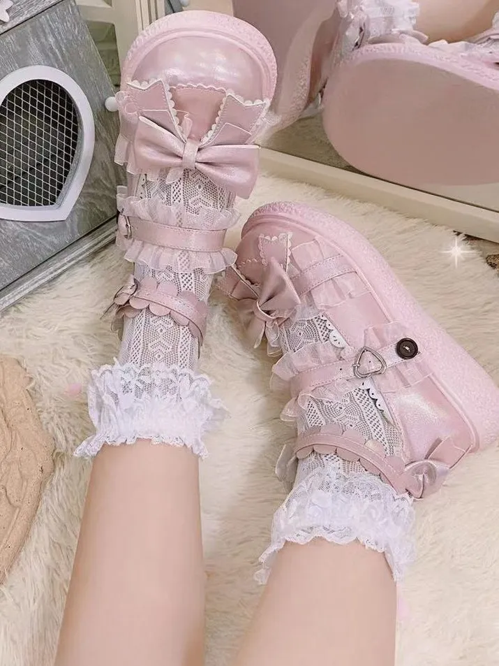 Black Heart Pattern Ruffled Lace Cuff Lolita Calf Socks