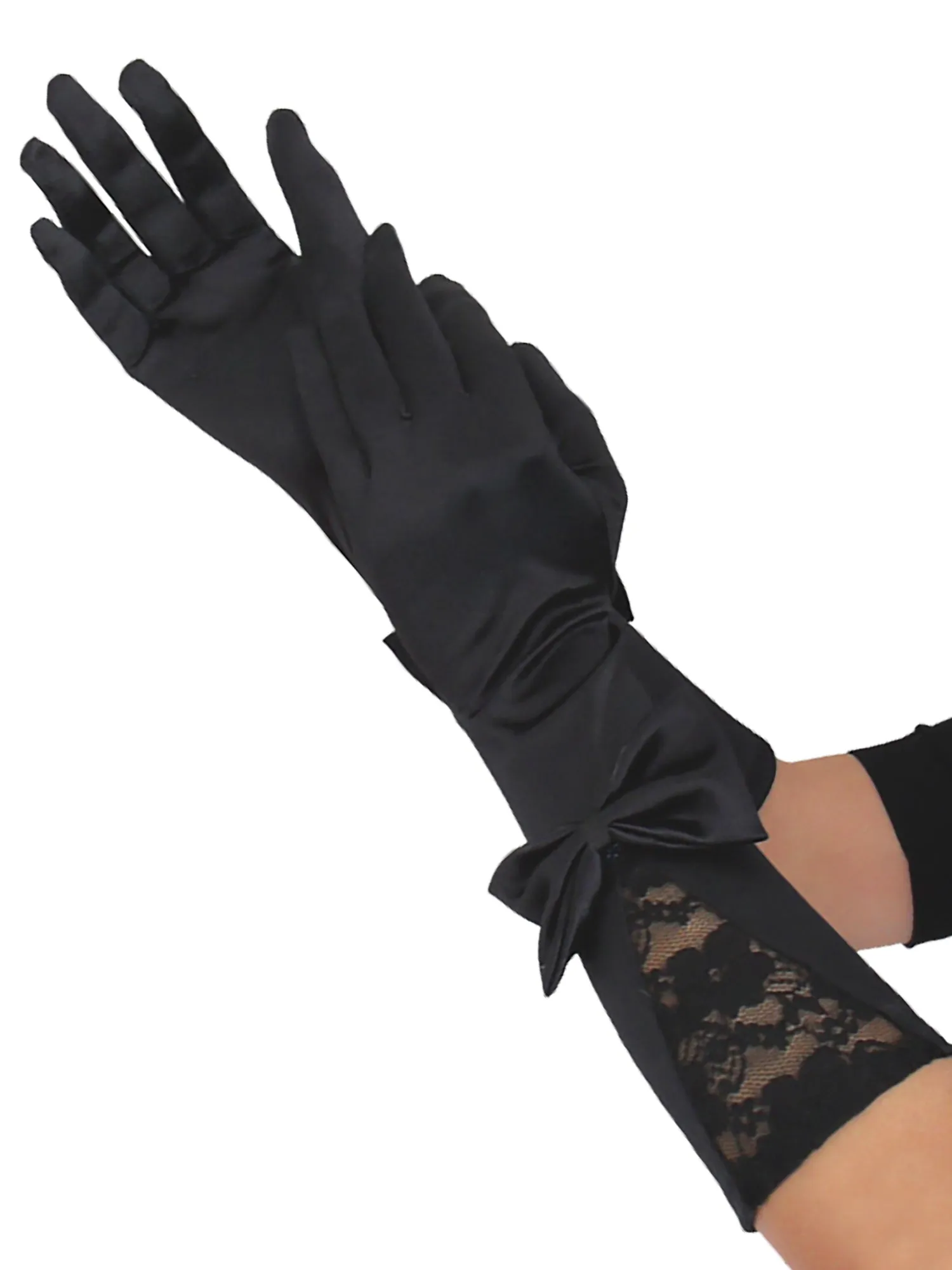 Black Satin Glove With Lace Inset And Bow - One Size