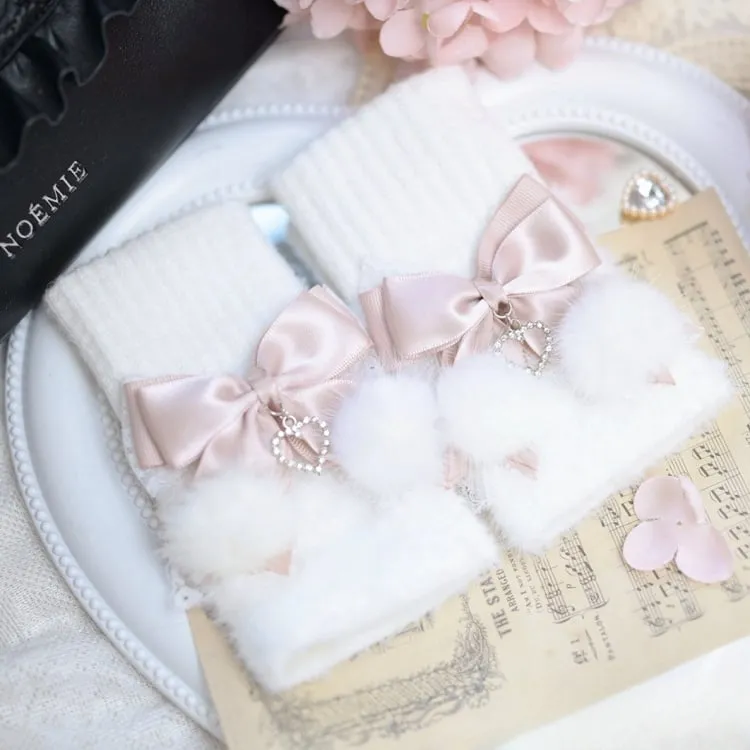 Jirai Kei Dusty Pink/Black Fluffy Pompoms and Bows Adorned Knit Gloves