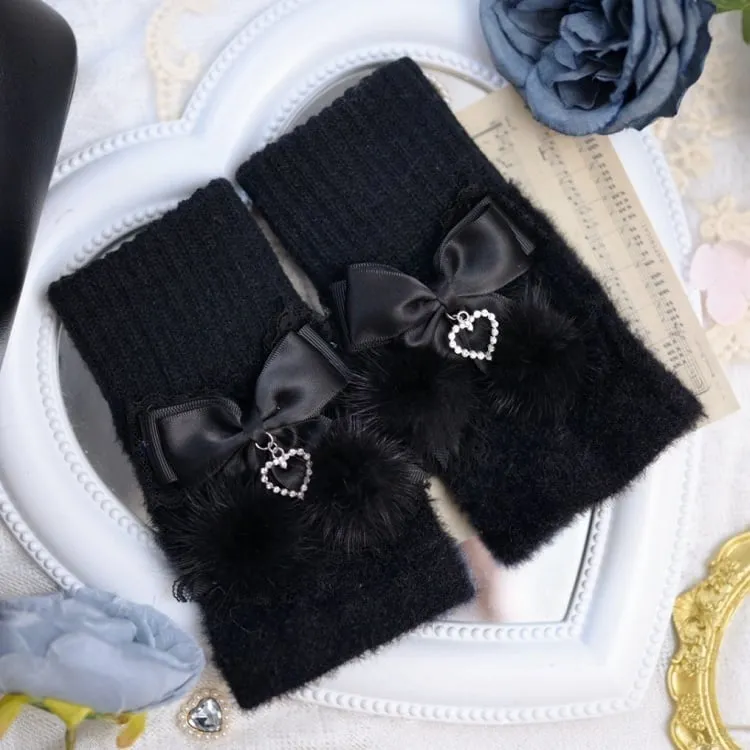 Jirai Kei Dusty Pink/Black Fluffy Pompoms and Bows Adorned Knit Gloves