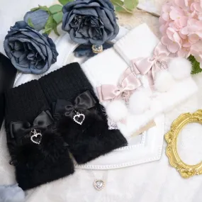 Jirai Kei Dusty Pink/Black Fluffy Pompoms and Bows Adorned Knit Gloves