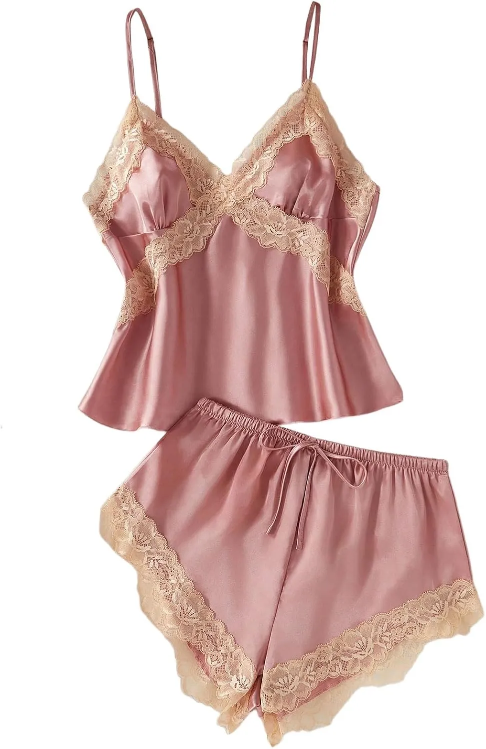 MakeMeChic Women's 2 Piece Pajama Sets Contrast Lace Satin Cami Top and Shorts Sleepwear Set
