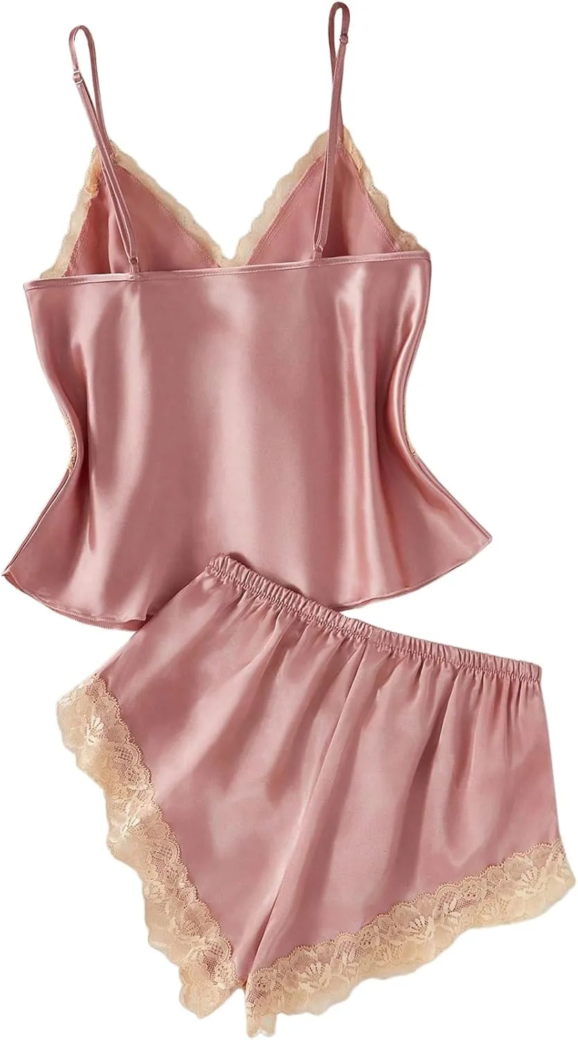 MakeMeChic Women's 2 Piece Pajama Sets Contrast Lace Satin Cami Top and Shorts Sleepwear Set