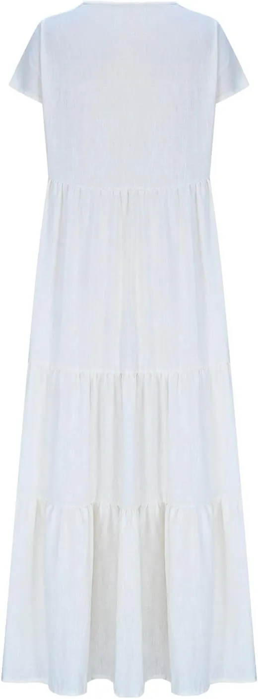 Maxi Summer Dresses for Women 2025 Cotton Linen Dress Flowy Long Dresses Ruffle Beach Dress V Neck Lace Up Sundress