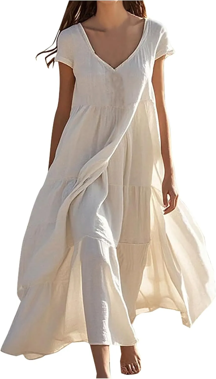 Maxi Summer Dresses for Women 2025 Cotton Linen Dress Flowy Long Dresses Ruffle Beach Dress V Neck Lace Up Sundress