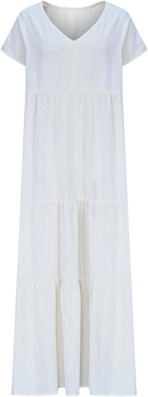 Maxi Summer Dresses for Women 2025 Cotton Linen Dress Flowy Long Dresses Ruffle Beach Dress V Neck Lace Up Sundress