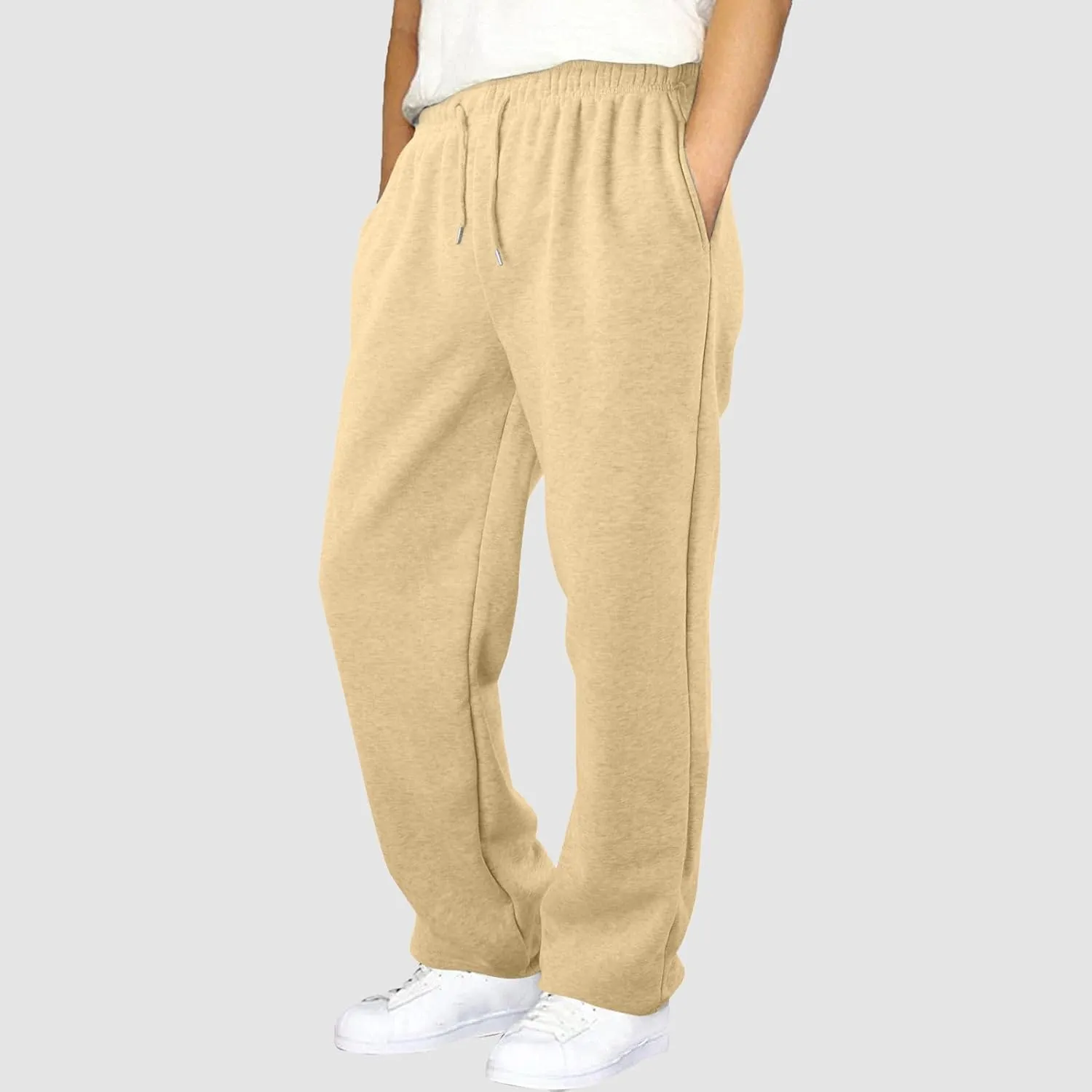 Men's Fleece Lined Sweatpants Wide Free Straight Leg Jogging Pants Workout High Waist Yoga Pants with Pockets