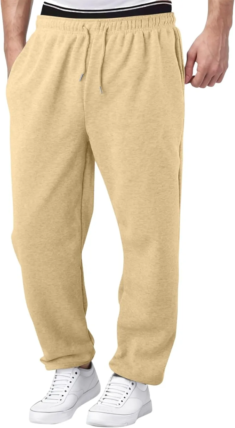 Men's Fleece Lined Sweatpants Wide Free Straight Leg Jogging Pants Workout High Waist Yoga Pants with Pockets
