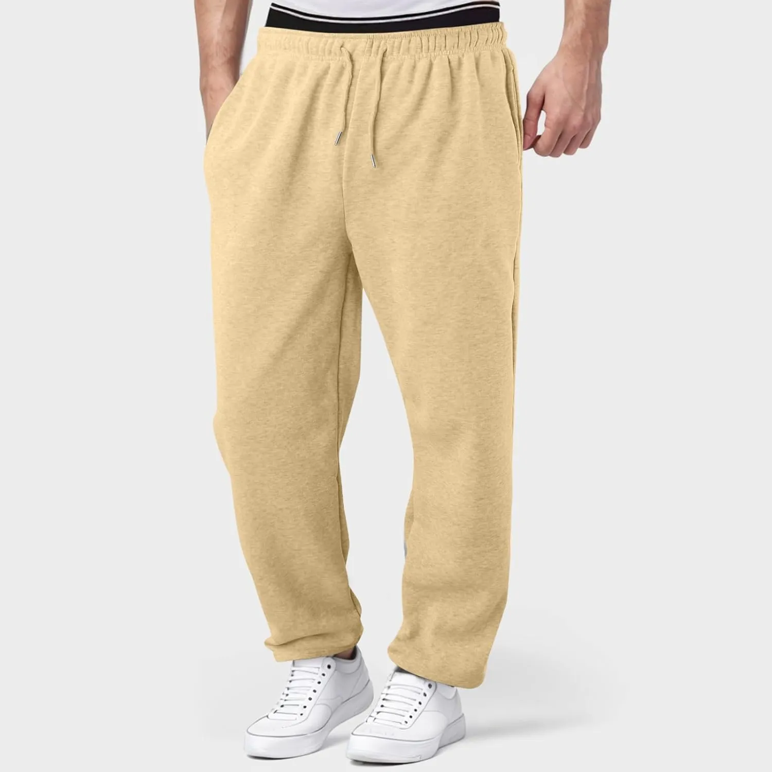 Men's Fleece Lined Sweatpants Wide Free Straight Leg Jogging Pants Workout High Waist Yoga Pants with Pockets
