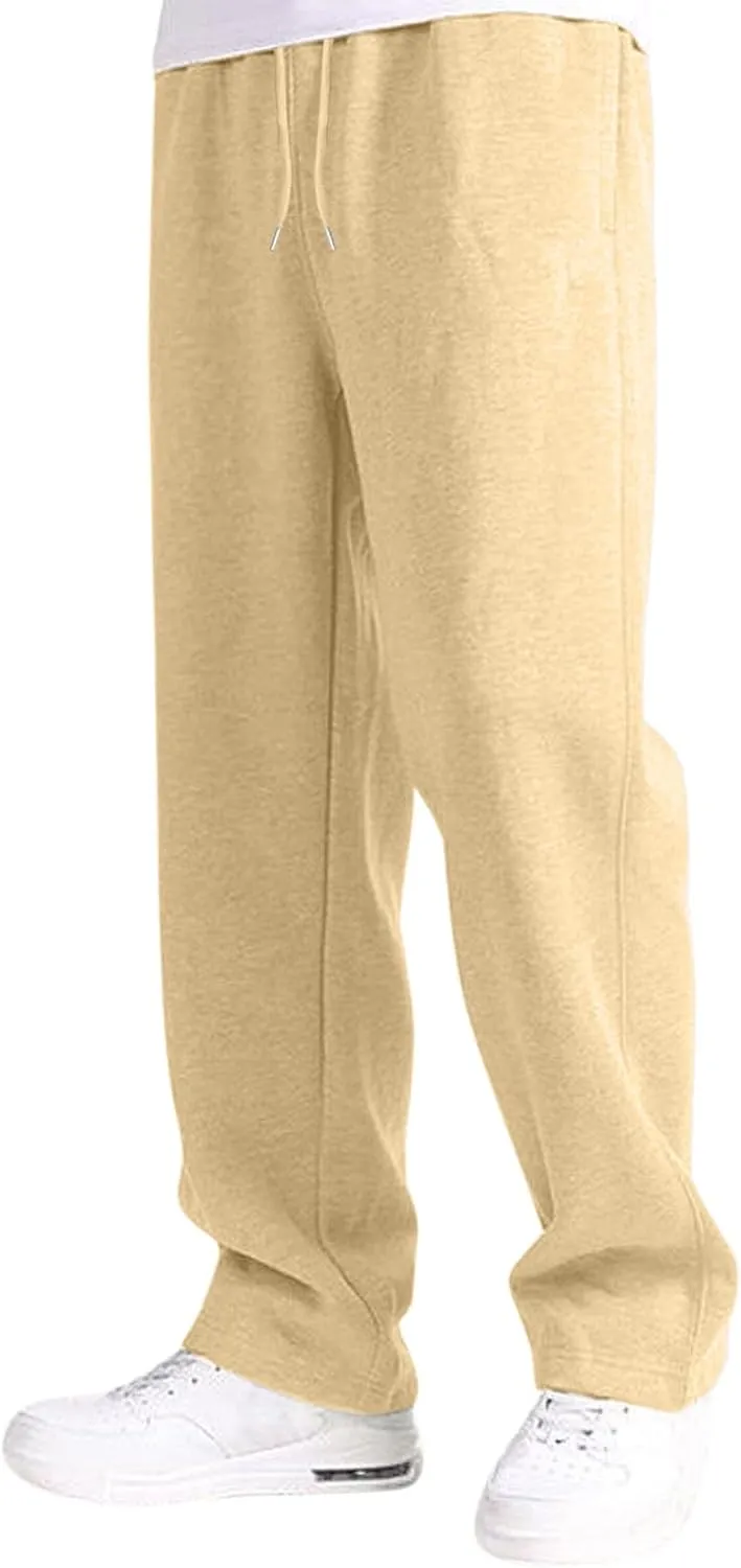 Men's Fleece Lined Sweatpants Wide Free Straight Leg Jogging Pants Workout High Waist Yoga Pants with Pockets