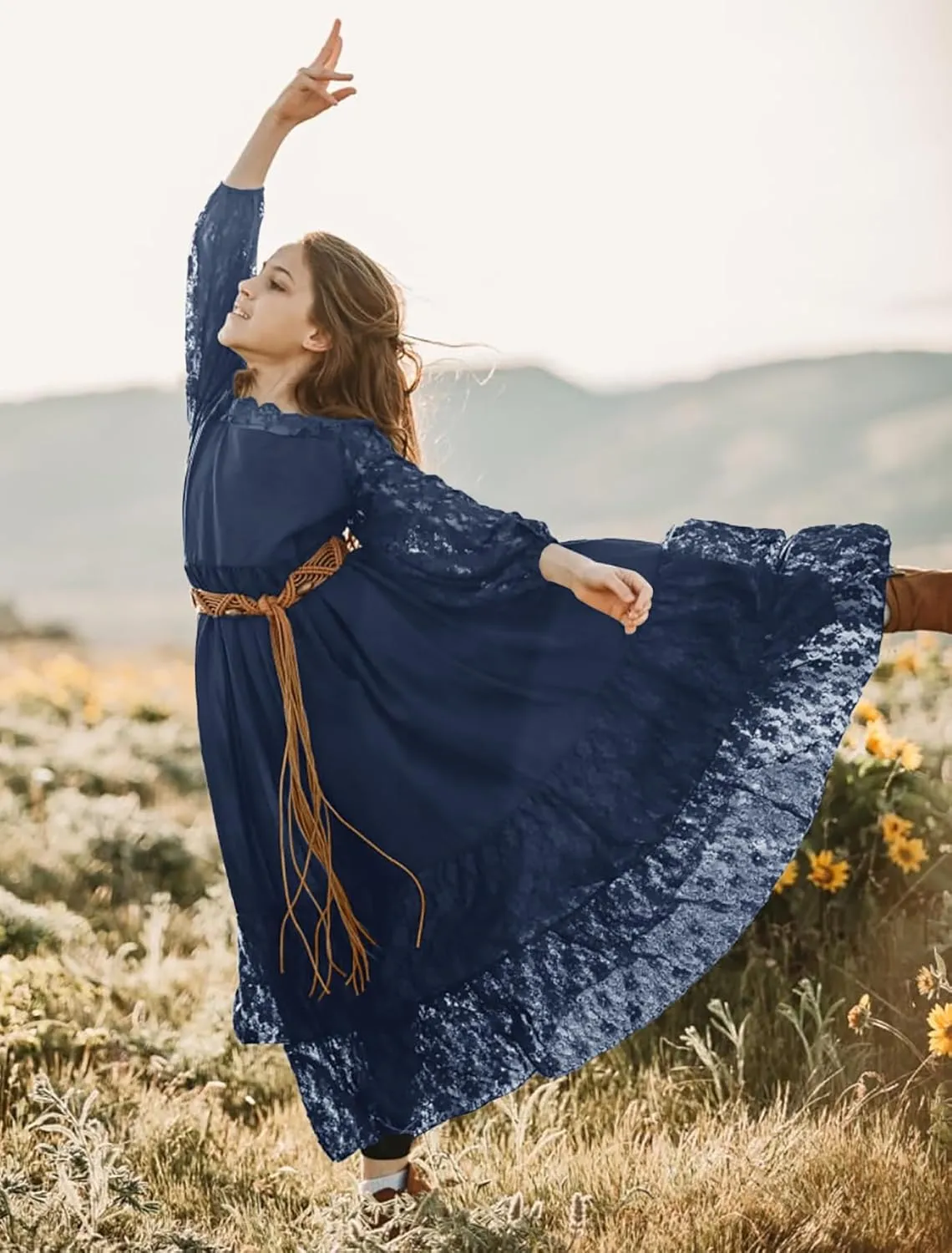 MITILLY Girls Boho Long Sleeve Backless Lace Flower Square Neck Tiered Ruffle Swing Party Maxi Dress