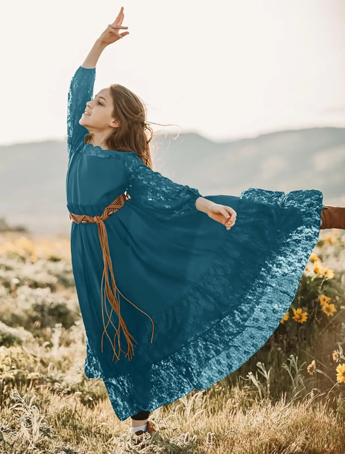 MITILLY Girls Boho Long Sleeve Backless Lace Flower Square Neck Tiered Ruffle Swing Party Maxi Dress