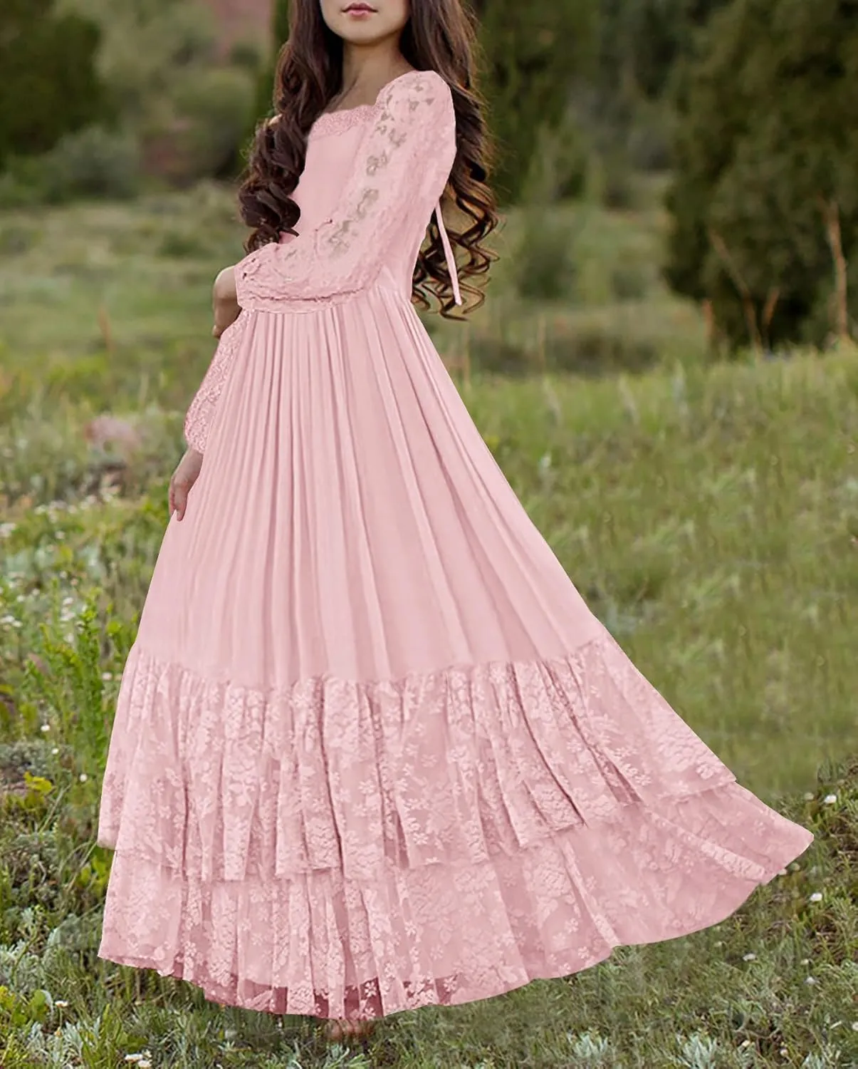 MITILLY Girls Boho Long Sleeve Backless Lace Flower Square Neck Tiered Ruffle Swing Party Maxi Dress