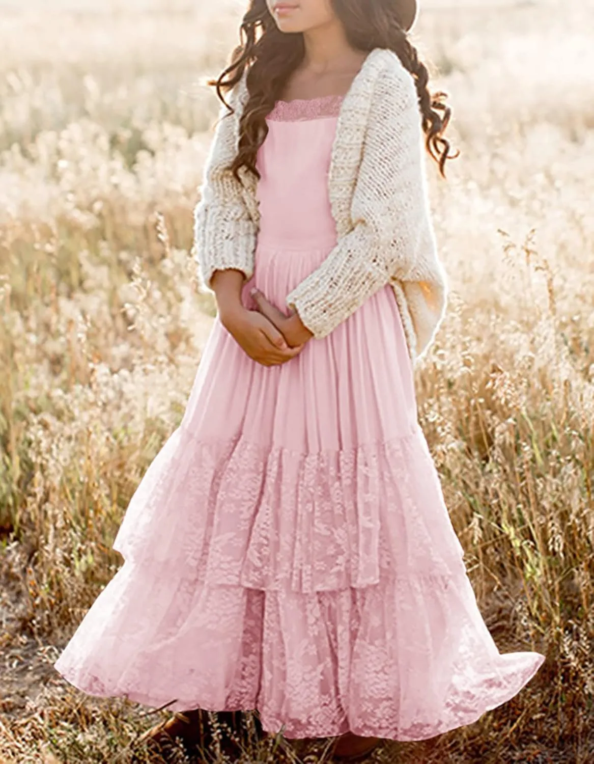 MITILLY Girls Boho Long Sleeve Backless Lace Flower Square Neck Tiered Ruffle Swing Party Maxi Dress