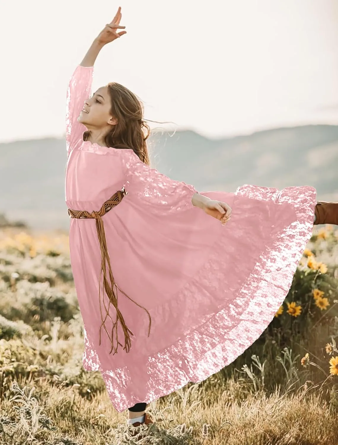 MITILLY Girls Boho Long Sleeve Backless Lace Flower Square Neck Tiered Ruffle Swing Party Maxi Dress