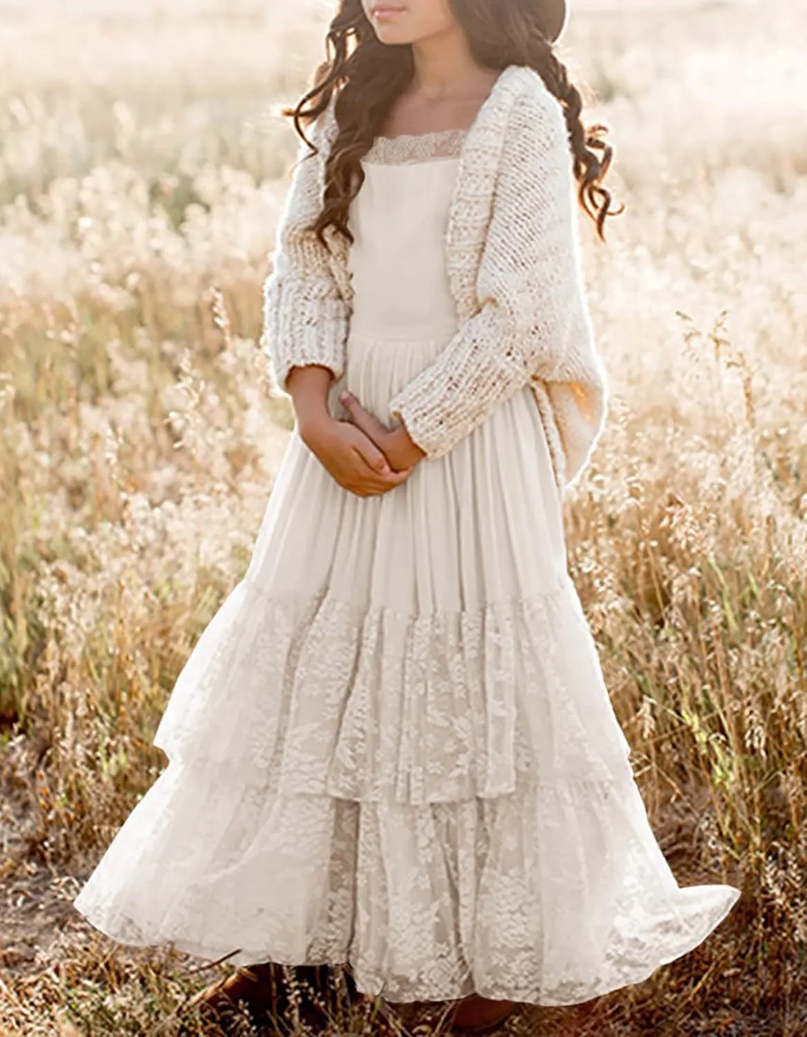 MITILLY Girls Boho Long Sleeve Backless Lace Flower Square Neck Tiered Ruffle Swing Party Maxi Dress