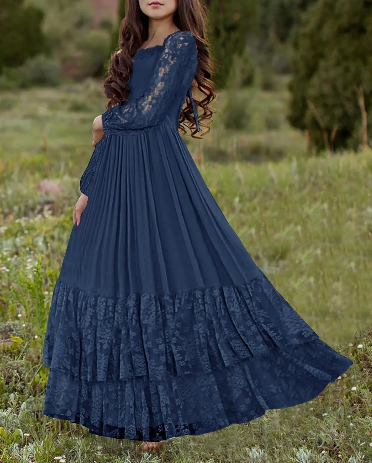 MITILLY Girls Boho Long Sleeve Backless Lace Flower Square Neck Tiered Ruffle Swing Party Maxi Dress