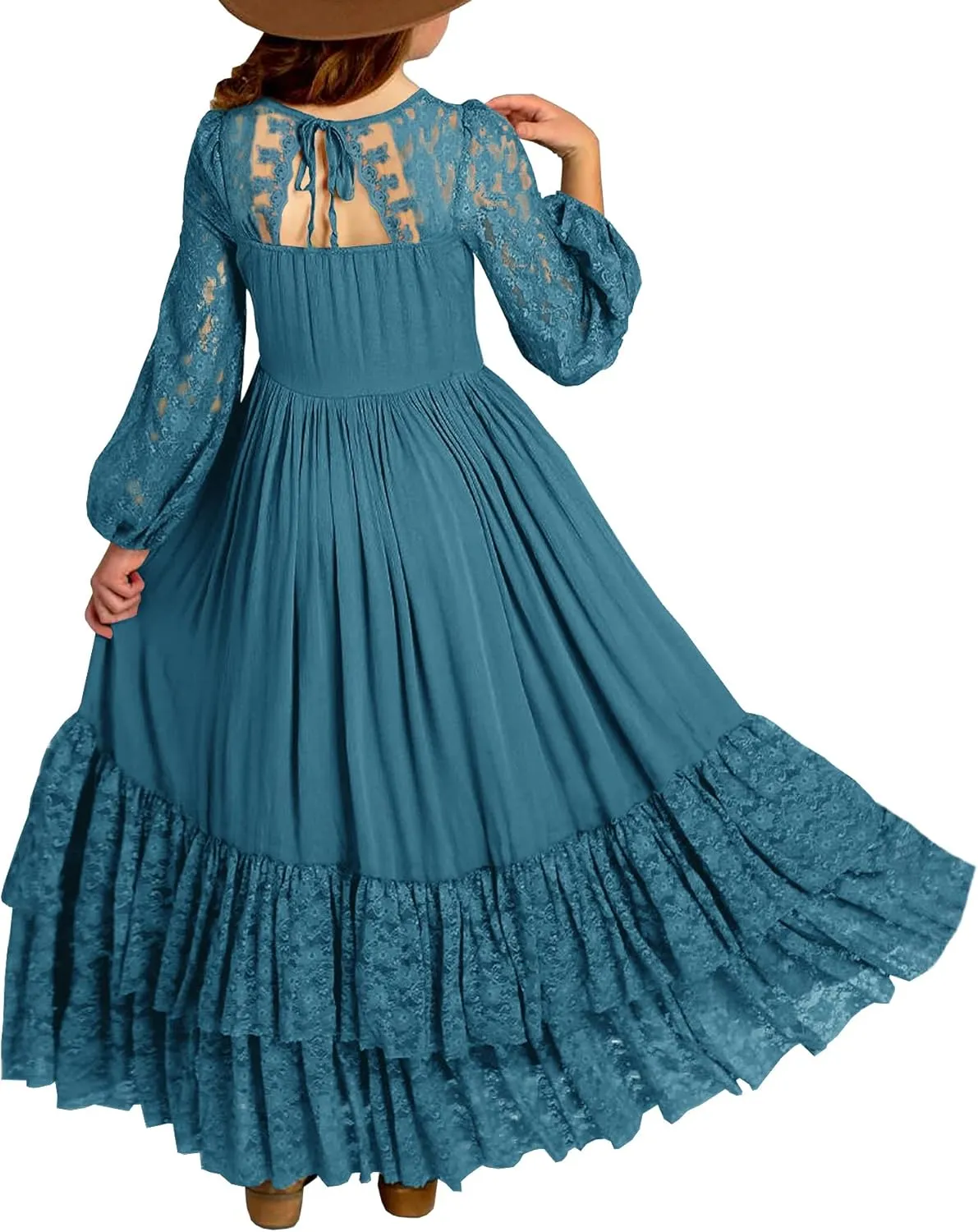 MITILLY Girls Boho Long Sleeve Backless Lace Flower Square Neck Tiered Ruffle Swing Party Maxi Dress