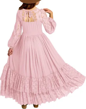 MITILLY Girls Boho Long Sleeve Backless Lace Flower Square Neck Tiered Ruffle Swing Party Maxi Dress