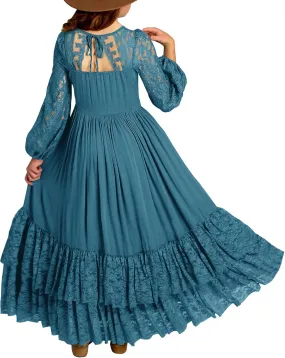 MITILLY Girls Boho Long Sleeve Backless Lace Flower Square Neck Tiered Ruffle Swing Party Maxi Dress