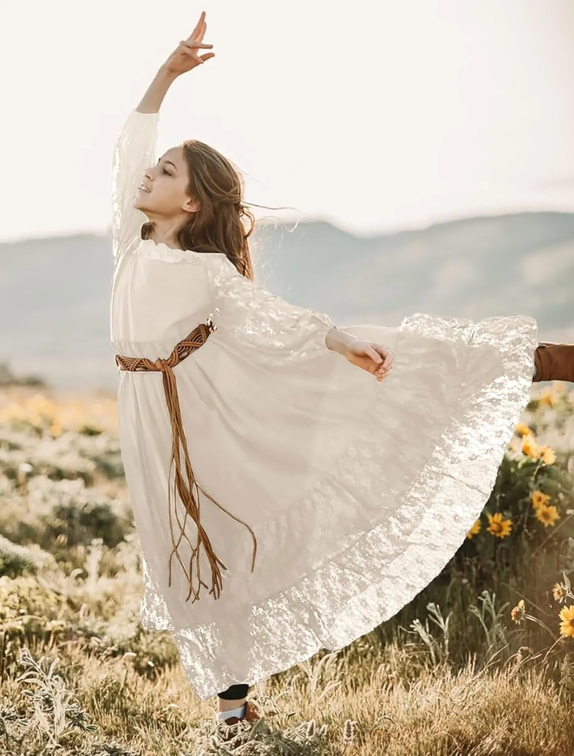 MITILLY Girls Boho Long Sleeve Backless Lace Flower Square Neck Tiered Ruffle Swing Party Maxi Dress