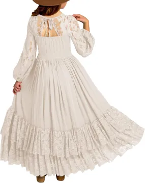 MITILLY Girls Boho Long Sleeve Backless Lace Flower Square Neck Tiered Ruffle Swing Party Maxi Dress