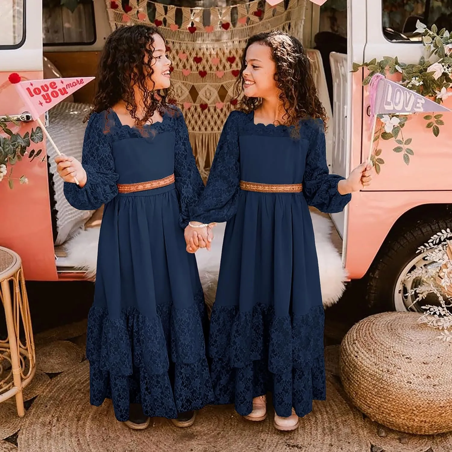 MITILLY Girls Boho Long Sleeve Backless Lace Flower Square Neck Tiered Ruffle Swing Party Maxi Dress