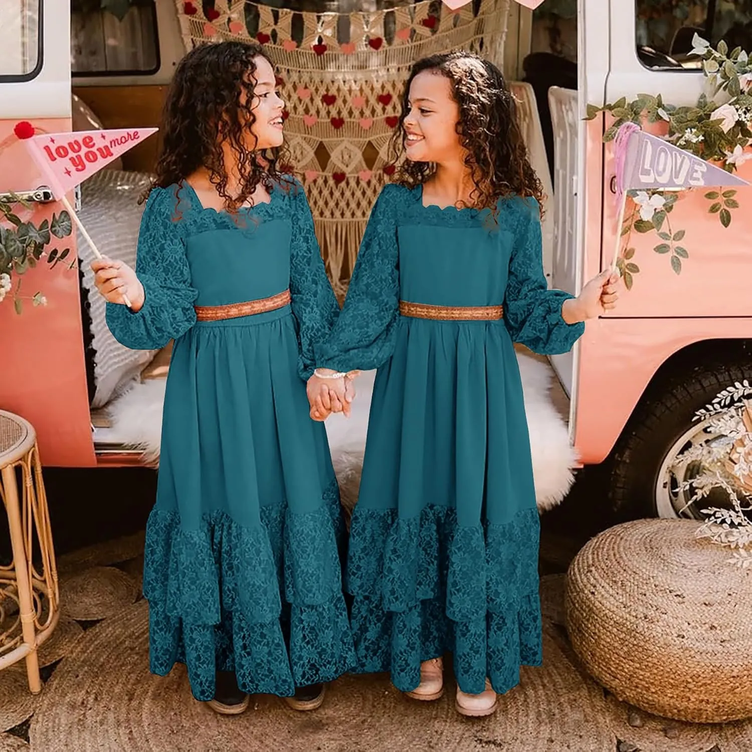 MITILLY Girls Boho Long Sleeve Backless Lace Flower Square Neck Tiered Ruffle Swing Party Maxi Dress
