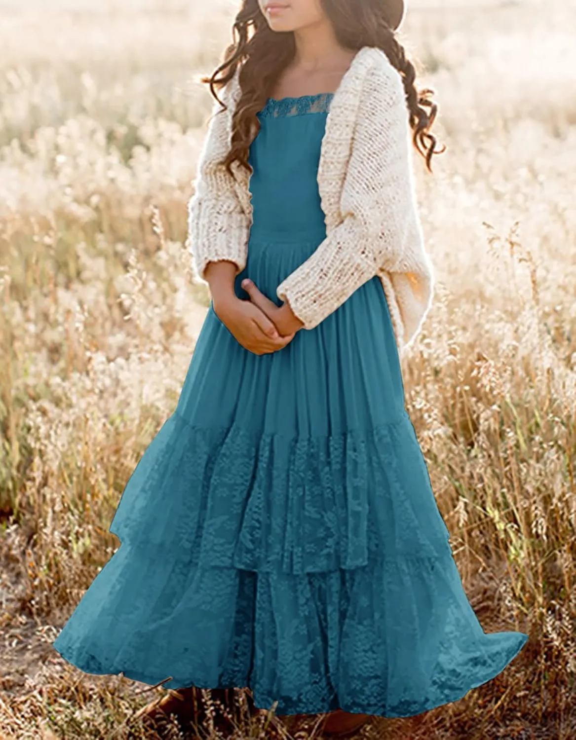 MITILLY Girls Boho Long Sleeve Backless Lace Flower Square Neck Tiered Ruffle Swing Party Maxi Dress