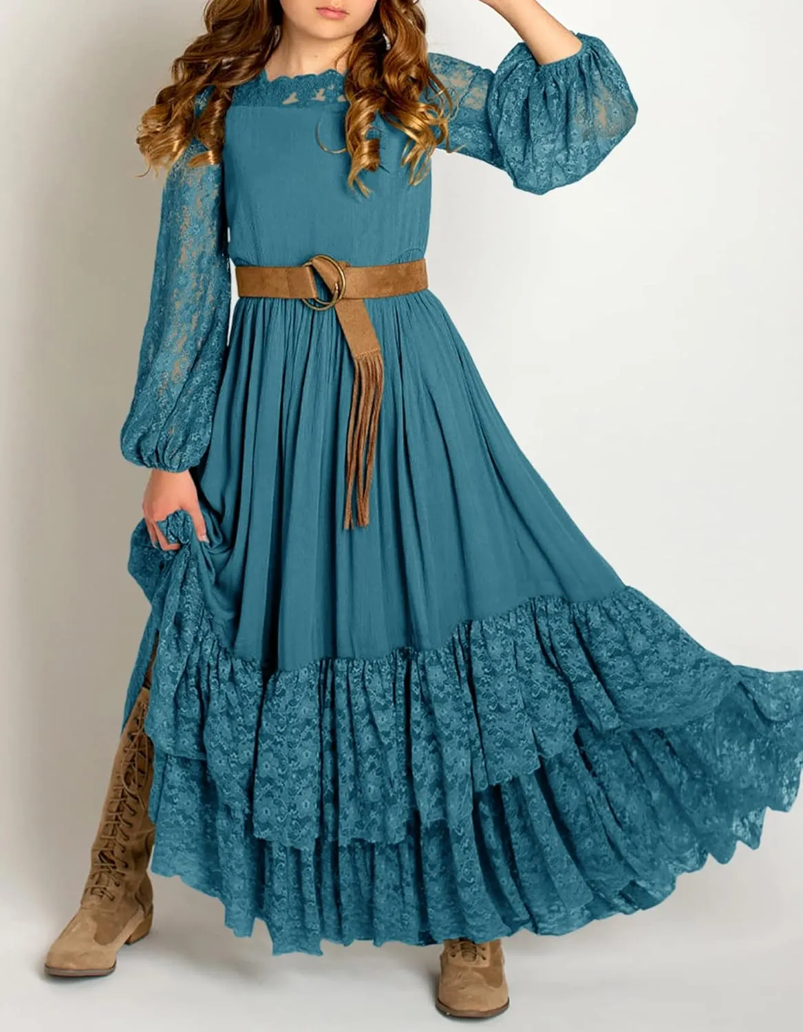 MITILLY Girls Boho Long Sleeve Backless Lace Flower Square Neck Tiered Ruffle Swing Party Maxi Dress