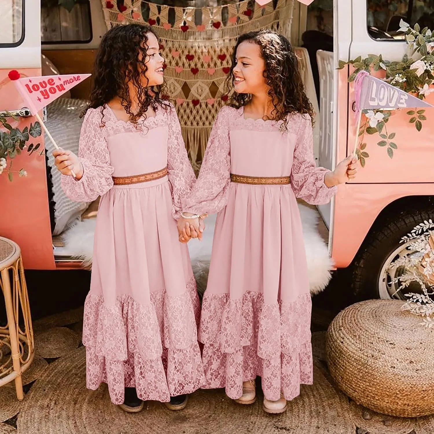 MITILLY Girls Boho Long Sleeve Backless Lace Flower Square Neck Tiered Ruffle Swing Party Maxi Dress