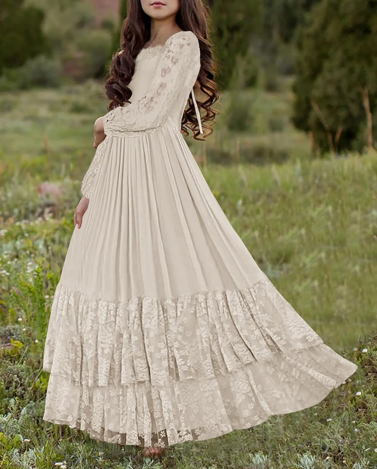 MITILLY Girls Boho Long Sleeve Backless Lace Flower Square Neck Tiered Ruffle Swing Party Maxi Dress