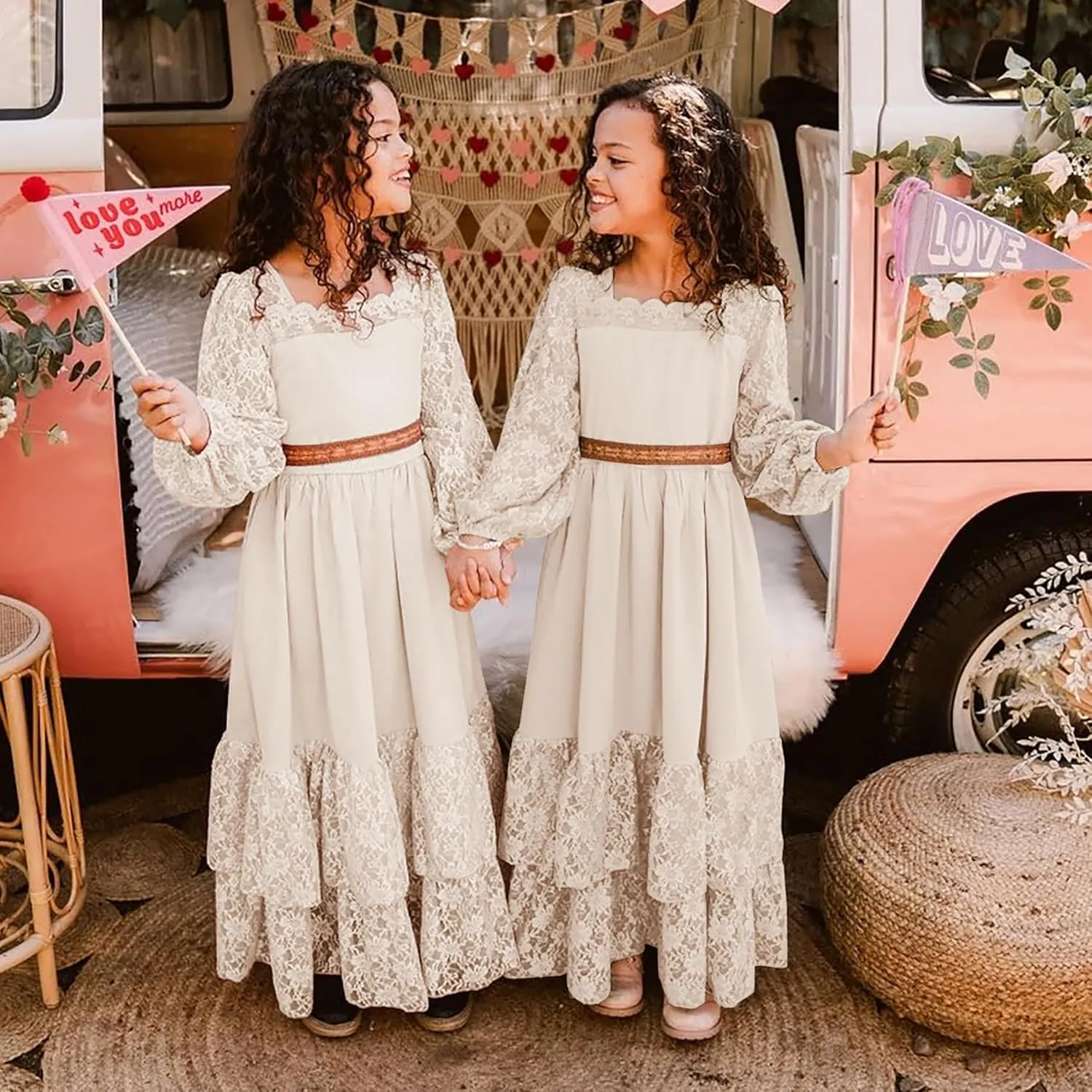 MITILLY Girls Boho Long Sleeve Backless Lace Flower Square Neck Tiered Ruffle Swing Party Maxi Dress