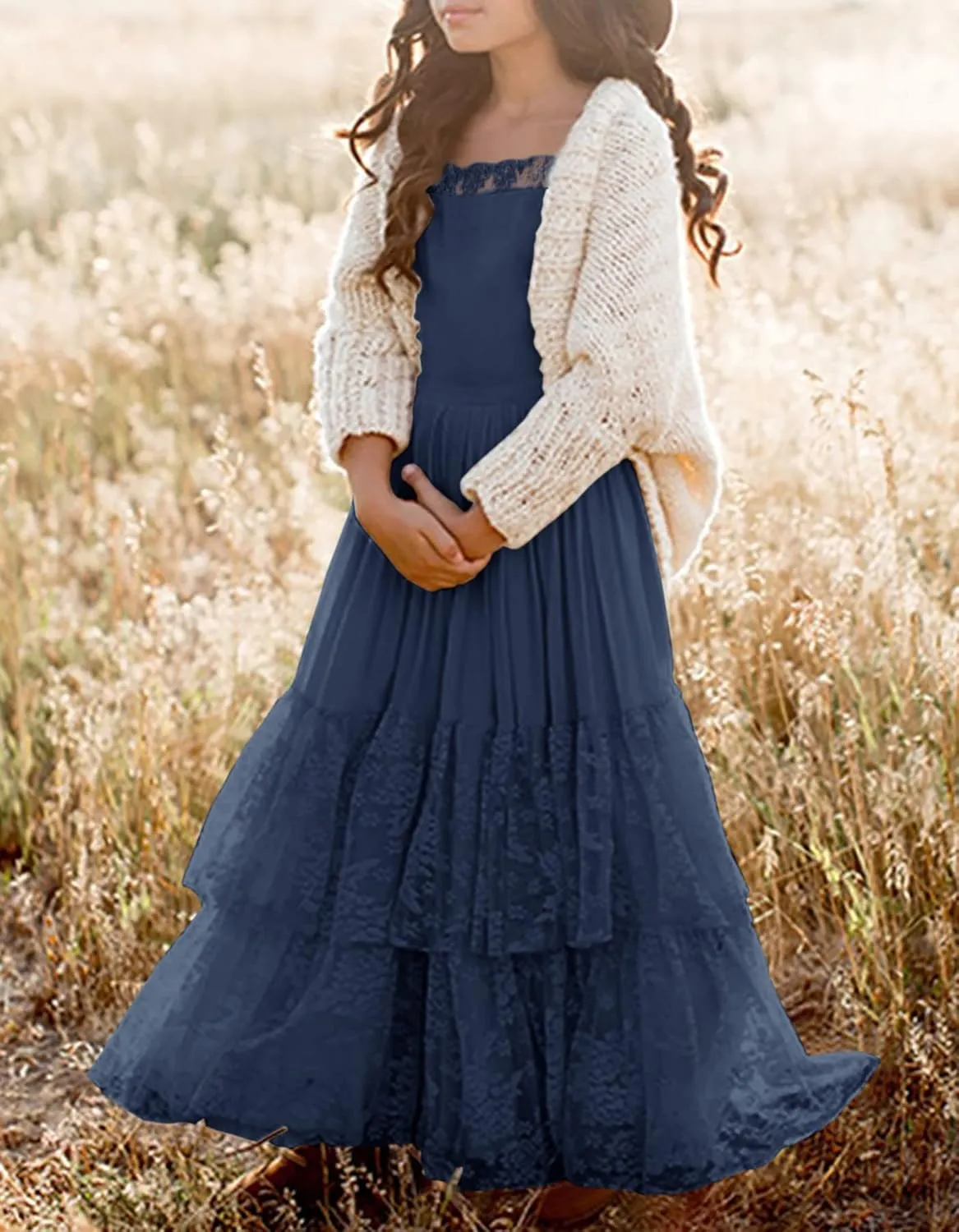MITILLY Girls Boho Long Sleeve Backless Lace Flower Square Neck Tiered Ruffle Swing Party Maxi Dress