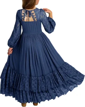 MITILLY Girls Boho Long Sleeve Backless Lace Flower Square Neck Tiered Ruffle Swing Party Maxi Dress
