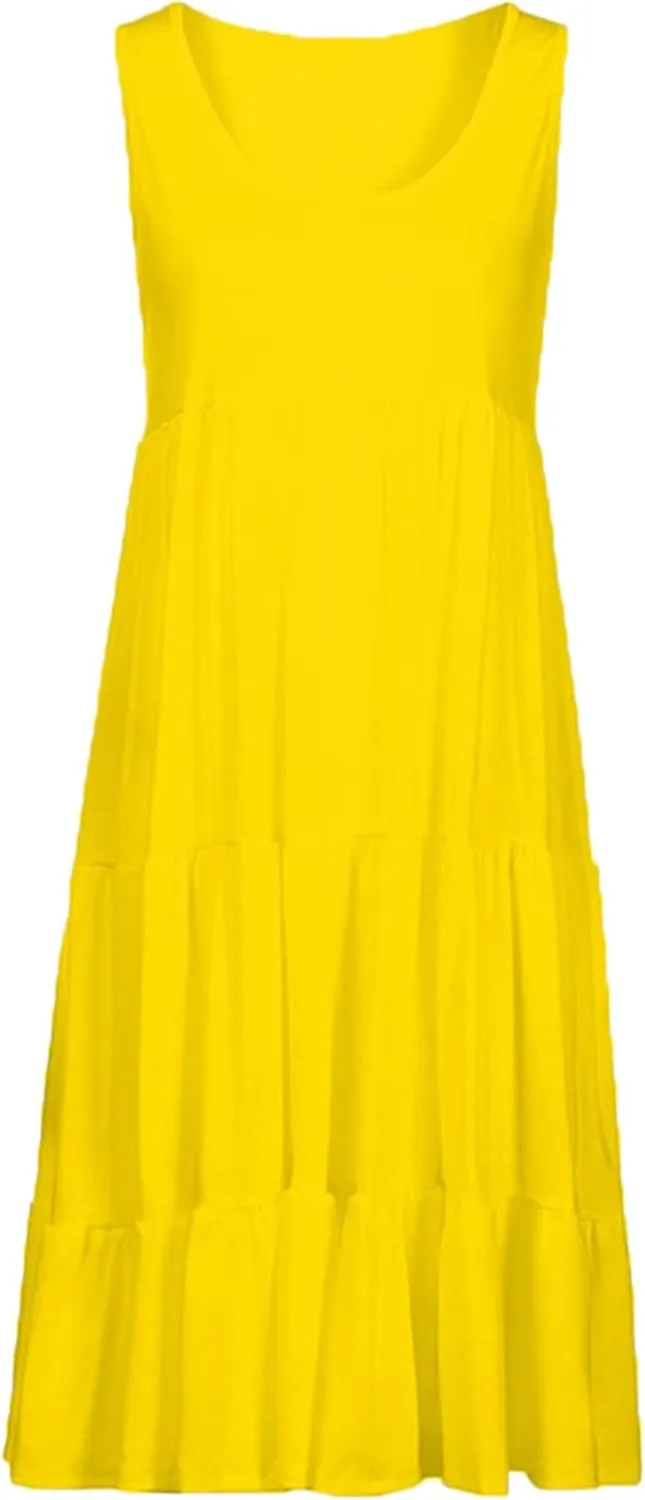 OMZIN Women Crewneck Sleeveless Beach Dresses Loose Swing Tank Midi Casual Dress