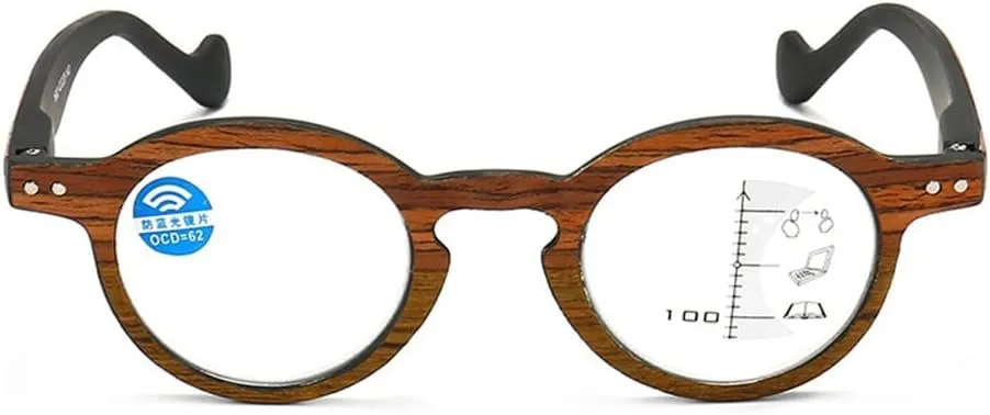 Retro Wood Grain Reading Glasses Round Progressive Multifocus Readers Men Women Computer Glasses Blue Light Blocking
