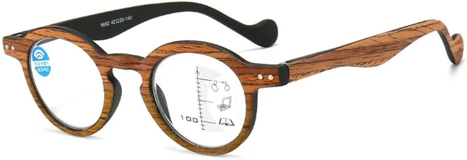 Retro Wood Grain Reading Glasses Round Progressive Multifocus Readers Men Women Computer Glasses Blue Light Blocking