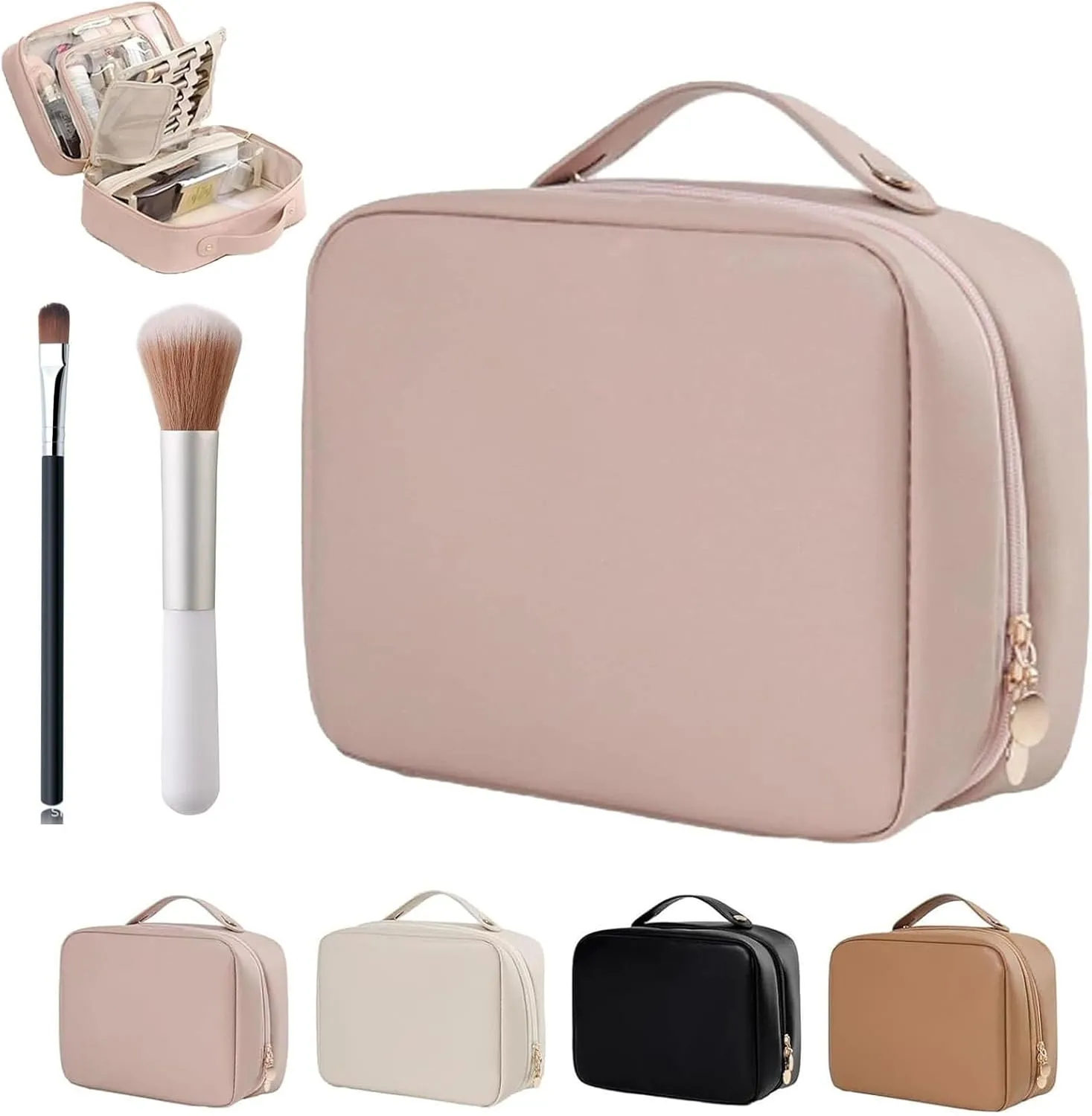 Set Patient Travel Makeup Bag, Setpatient Multi-compartment Toiletry Cosmetics Bag, Large Toiletry Bag Travel Cosmetic Bag for Women, PU Leather Portable Hanging Makeup Pouch (Pink)