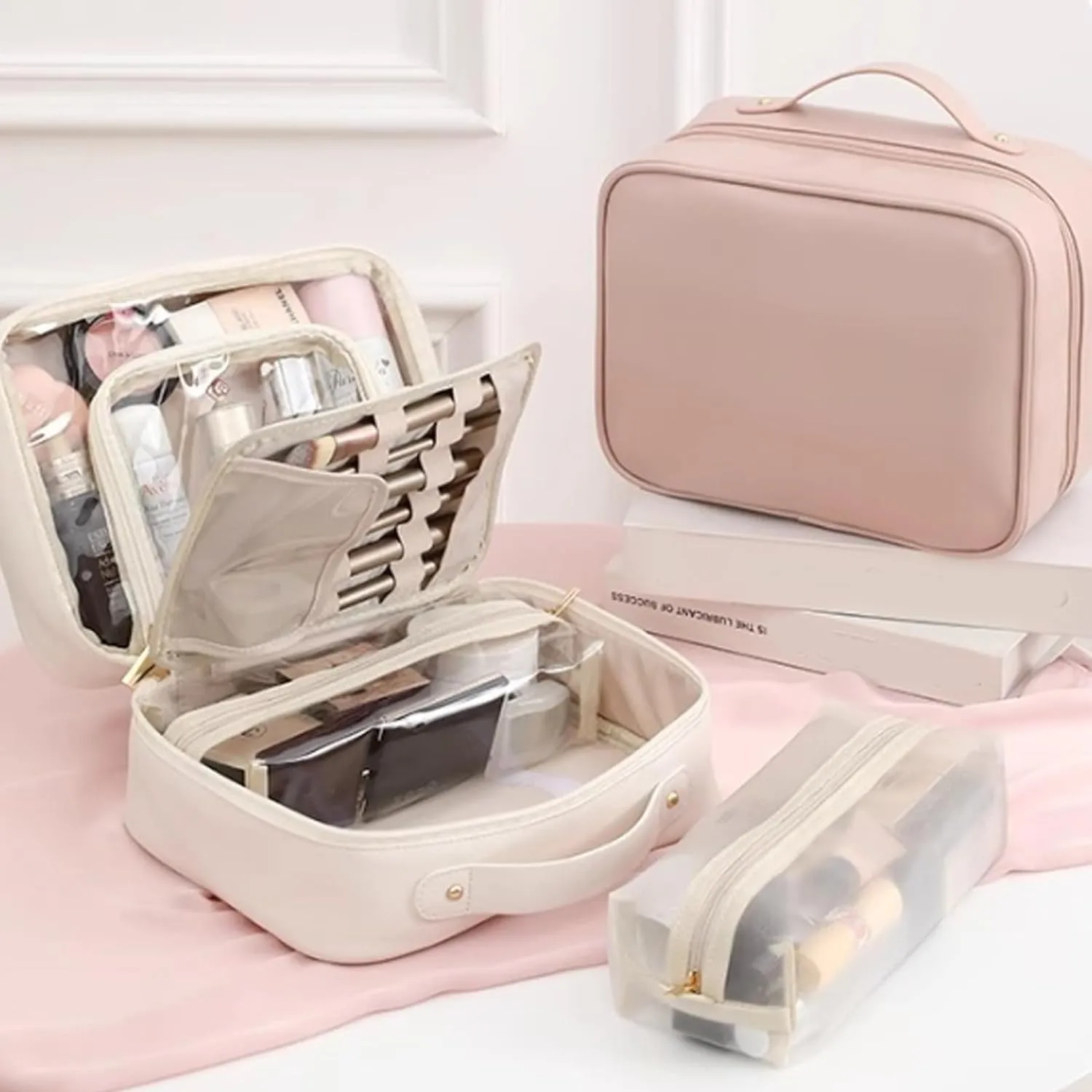 Set Patient Travel Makeup Bag, Setpatient Multi-compartment Toiletry Cosmetics Bag, Large Toiletry Bag Travel Cosmetic Bag for Women, PU Leather Portable Hanging Makeup Pouch (Pink)