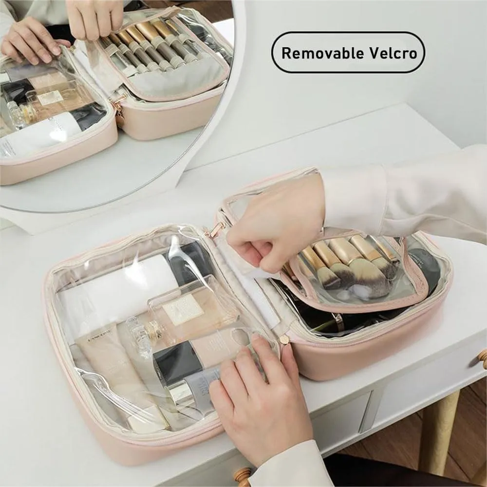 Set Patient Travel Makeup Bag, Setpatient Multi-compartment Toiletry Cosmetics Bag, Large Toiletry Bag Travel Cosmetic Bag for Women, PU Leather Portable Hanging Makeup Pouch (White)