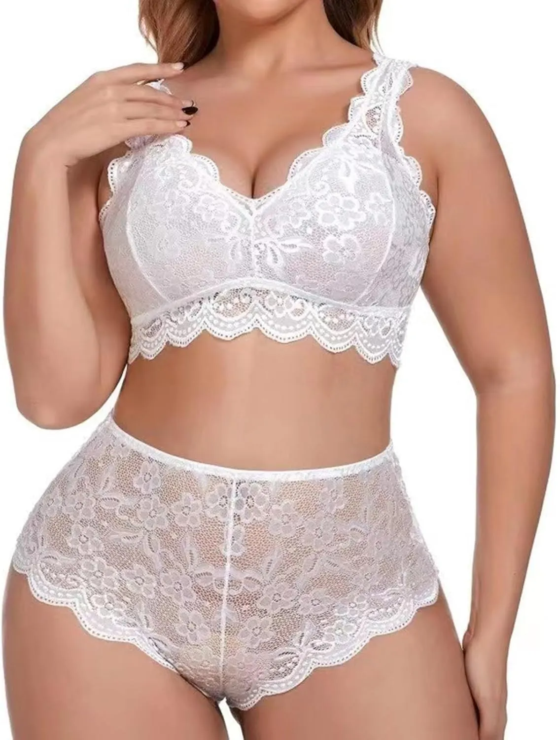 Sexy Plus Size Lingerie for Women 2 Piece Bra and Panty Sets Sheer Floral Bralette Lace Lingerie Nightwear Set
