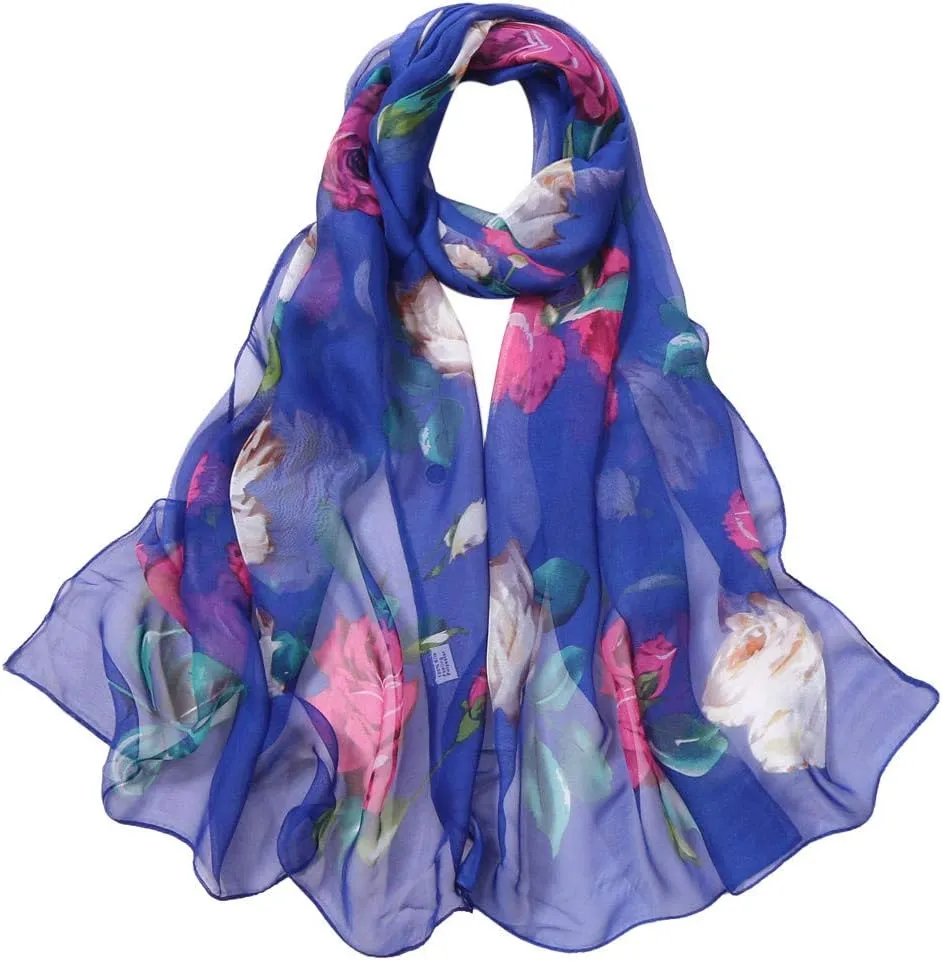 Silk Scarf for Women Wrap Fashion Roses Soft Long Printing Silk Shawl Scarves Simulation Scarf Women (a-Blue, One Size)