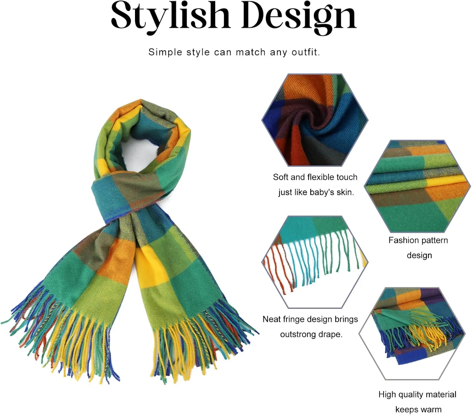 Sumato Scarf for Women Fall Winter Lightweight Shawl Wraps Long Blanket Scarves Warm Soft Cashmere Feel Plaid Pattern Tassel